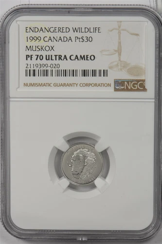 Canada 1999 $30 platinum NGC Proof 70UC Muskox. 0.1oz platinum. 1500 minted. Per