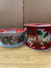 Celebrate It Ribbon Spool Wired Holly Poinsettia Christmas 2.5x20  1.5x30 2 Pk