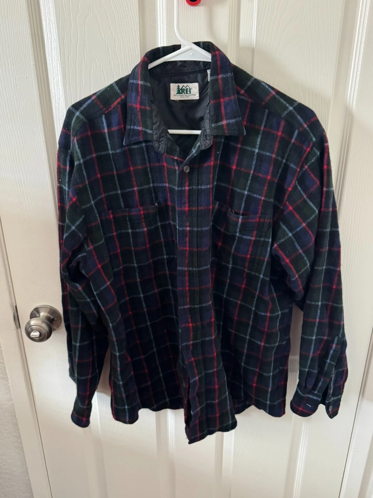 REI Shirt Mens Medium Brown Blue Outdoors Flannel Button Up Hiking Adult L