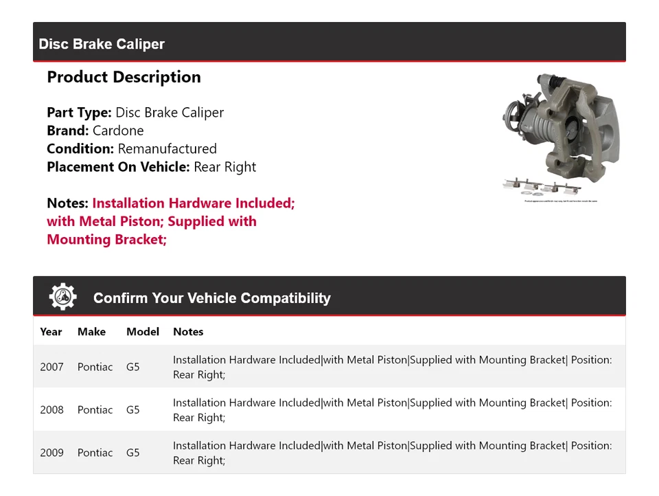 For 2007-2009 Pontiac G5 Disc Brake Caliper Rear Right Cardone 2008 - Image 2 of 4