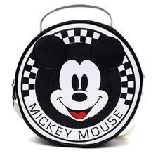 Disney Bag, Crossbody, Round, Mickey Smiling Applique Checker White Black, Ve...