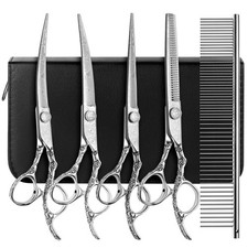 Dog Grooming Scissors,Silver with Safety Round Tips,5 in 1 Curved Dog Scissor...