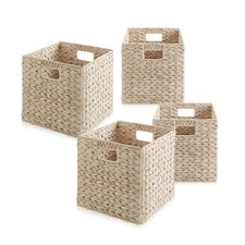 Set of 4 Hyacinth Storage Cubes, 10.5" Wicker Basket Bins for Shelves, Whitewash