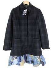 Manteau Desigual Femme Marine 40 Mélange De Laine Carreaux À Manches Longues