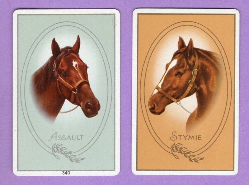 2 Single Swap Playing Cards NAMED RACEHORSES ASSAULT STYMIE HORSE ART VINTAGE PR