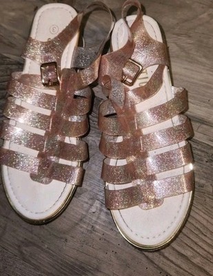 Women's Glitter Strappy Wedge Sandals with Buckle, Pink Gold, Casual Summer