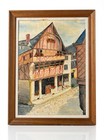 Tableau huile maison colombages rue pave - Village normand breton