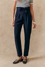 NWT Sezane Austin in Marine Satin Back Crepe Belted Pleated Crop Pant 38 / 6