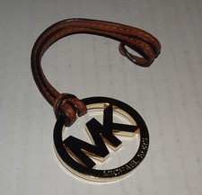 Michael Kors MK Logo Gold Hangtag Bag Charm w/ Leather Strap for Purse Handbag