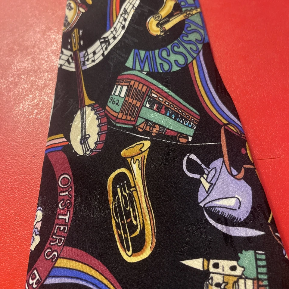 Corbata de seda vintage usada en excelente estado Nicole Miller 1995 música Zydeco tema cajún arte pop Foto 3 de 4