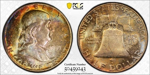 1955 Franklin Half Dollar PCGS & CAC MS65 Rainbow Toning Toner - U1050