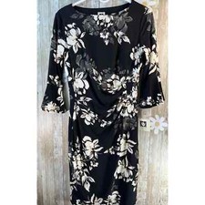 Anne Klein Dress Women's Sz 8 Black White Floral Faux Wrap Stretch Knit Slinky