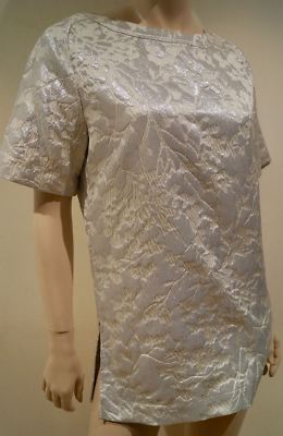 PHILOSOPHY Grau & Silber Metallic Struktur U-Ausschnitt Kurzarm T-Shirt Oberteil 1