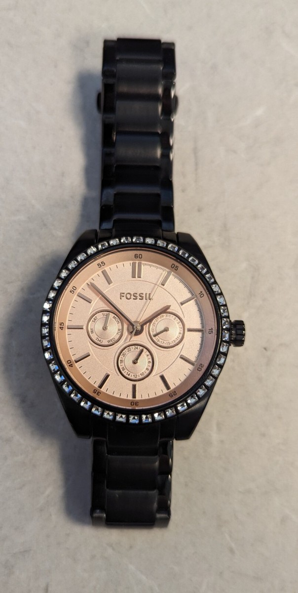 WORKING Rose Gold Fossil Women's Black Stainless Multi-dial Watch
