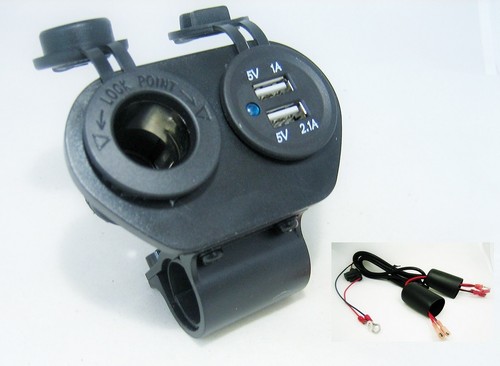 Dual Motorcycle Handlebar Mount USB Charger 3.1 A + 12V Socket Plug Outlet Wires
