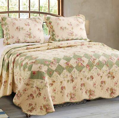 COZY VINTAGE ANTIQUE SAGE GREEN RED PINK ROSE COTTAGE SOFT COUNTRY QUILT SET