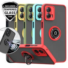 For Motorola Moto G 5G 2023 Ring Case Magnetic Stand Clear Back Tempered Glass