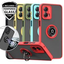 For Motorola Moto G 5G 2023 Ring Case Magnetic Stand Clear Back +Tempered Glass