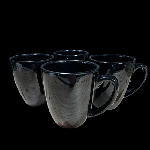 Vintage Set of 4 Black Corelle Stoneware Coffee Mugs Cups Corning 12 oz