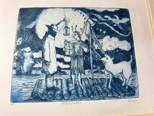 Bell Book Candle by A. Megus Linocut Lithograph Navy Blue Ink