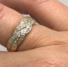 diamond 9ct gold ring weave design size P, hallmarked excellent condition