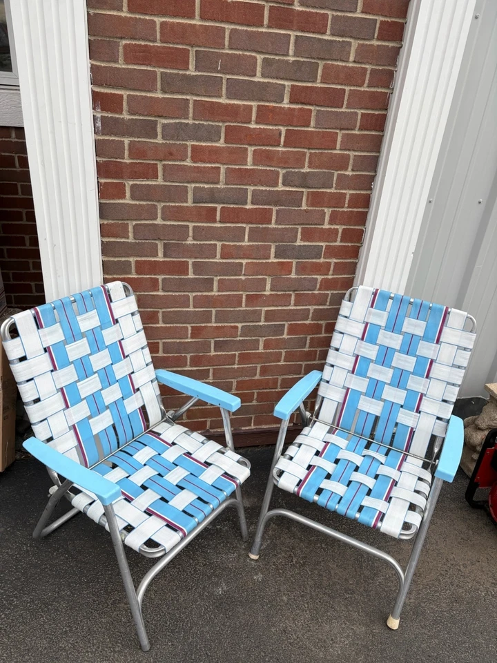 Juego de 2 sillas de césped vintage de aluminio con palmeadas azules y blancas con marcos plegables F Foto 3 de 4