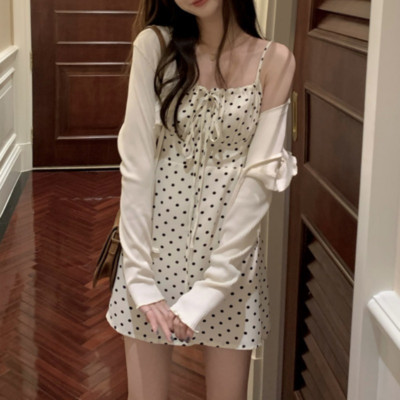 Women's Fashion Elegant Casual Comfortable White Polka Dot Halter Dress