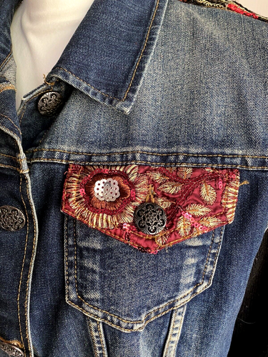 Montanaco Vintage Western Sequin Jean Denim Jacket Sweater Knit Sleeves Medium - Picture 2 of 8