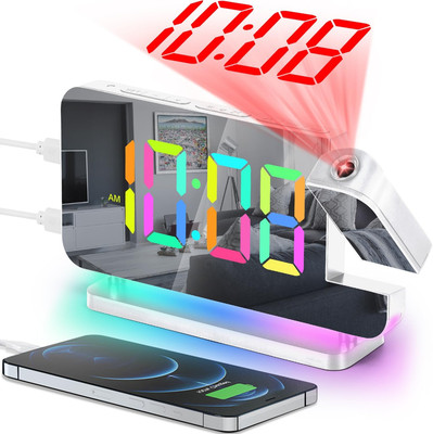 Projection Alarm Clock 7.4'' LED Mirror Digital Clock Display 180° Projector