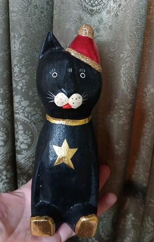 Vintage Folk Art Primitive Wood Carving Santa Claus Cat Kitty Decor Decoration - 第 1/14 張圖片
