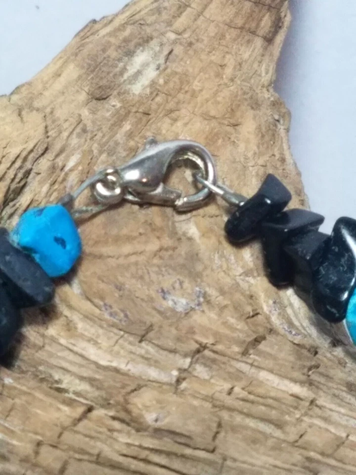 Vintage Blue And Black Stone Silver Tone Metal Beaded Bracelet Costume Fashion Foto 3 de 4