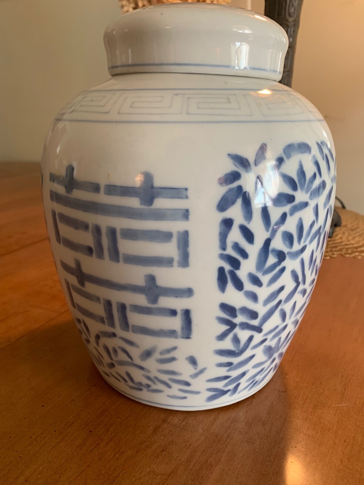 Vintage Chinese Double Happiness Ginger Jar Blue White Excellent 10.5” 