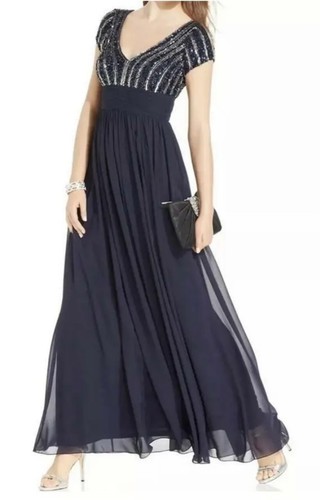 JS COLLECTIONS Navy Silver Beaded Sequin Embellished Chiffon Maxi Empire Gown 2 - Picture 5 of 8