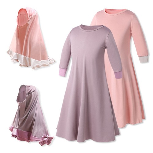 Muslim Children Kids Girls Long Dress Hijab 2 Piece Set Abaya Muslim Kaftan Robe - Picture 21 of 38