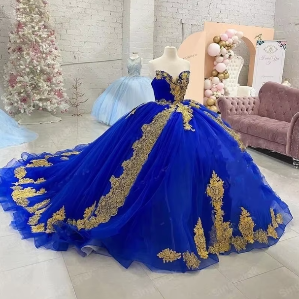 Royal Blue Gold Lace Vestidos De Novia Quinceanera Dresses Sweetheart  Lace-up | eBay