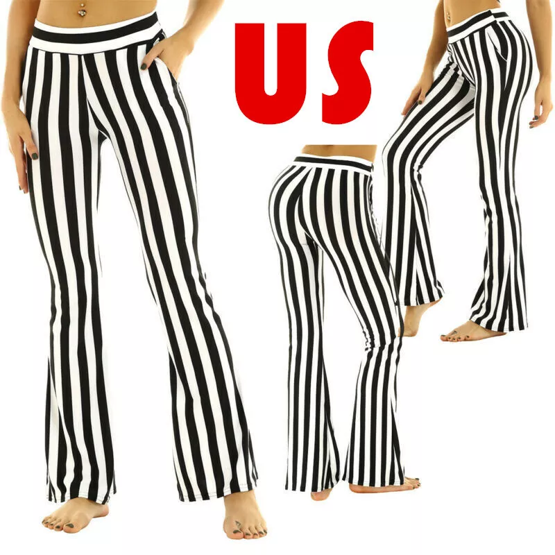 Women Adult 80s Retro Vertical Striped Bell Bottom Flare Disco