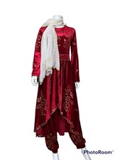 Women's Embroidery Ottoman Kaftan Caftan Velvet Traditional Red Dress S/M  5 PC