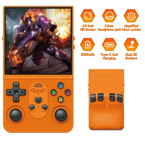 Consola de juegos retro S600, consola de juegos portátil de 64 GB 4,0 pulgadas con pantalla IPS, naranja