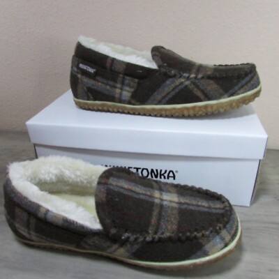 Minnetonka Women's Tempe Fleece Lined Slipper Moccasin Loafer Chocolate  Plaid