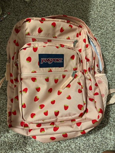JanSport Kids Strawberry Print Backpack Pink Polyester Zip Bottle Pocket Straps