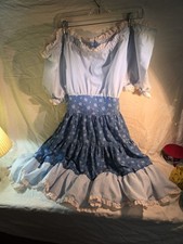 Vintage Blue Handmade Western Square dance Dress With Patter And Ruffle Lace