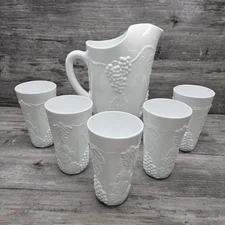 Indiana Milk Glass Colony Harvest Grape Pitcher And Tumblers Set Of 6 Vintage