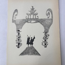 Stampa grafica scena simbolica figure anni 60 arte editoriale nero