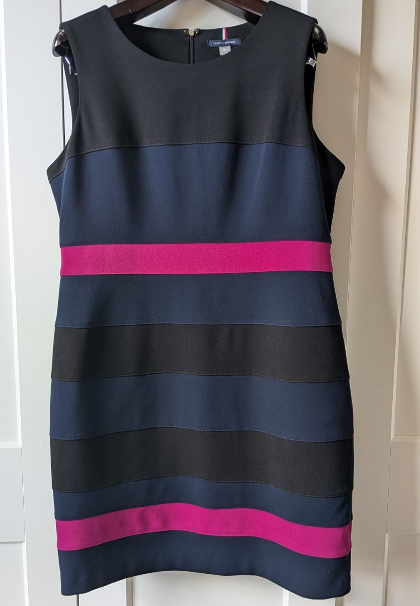 Tommy Hilfiger Women's 16 Navy Black Magenta Stripe Sheath Dress Zip