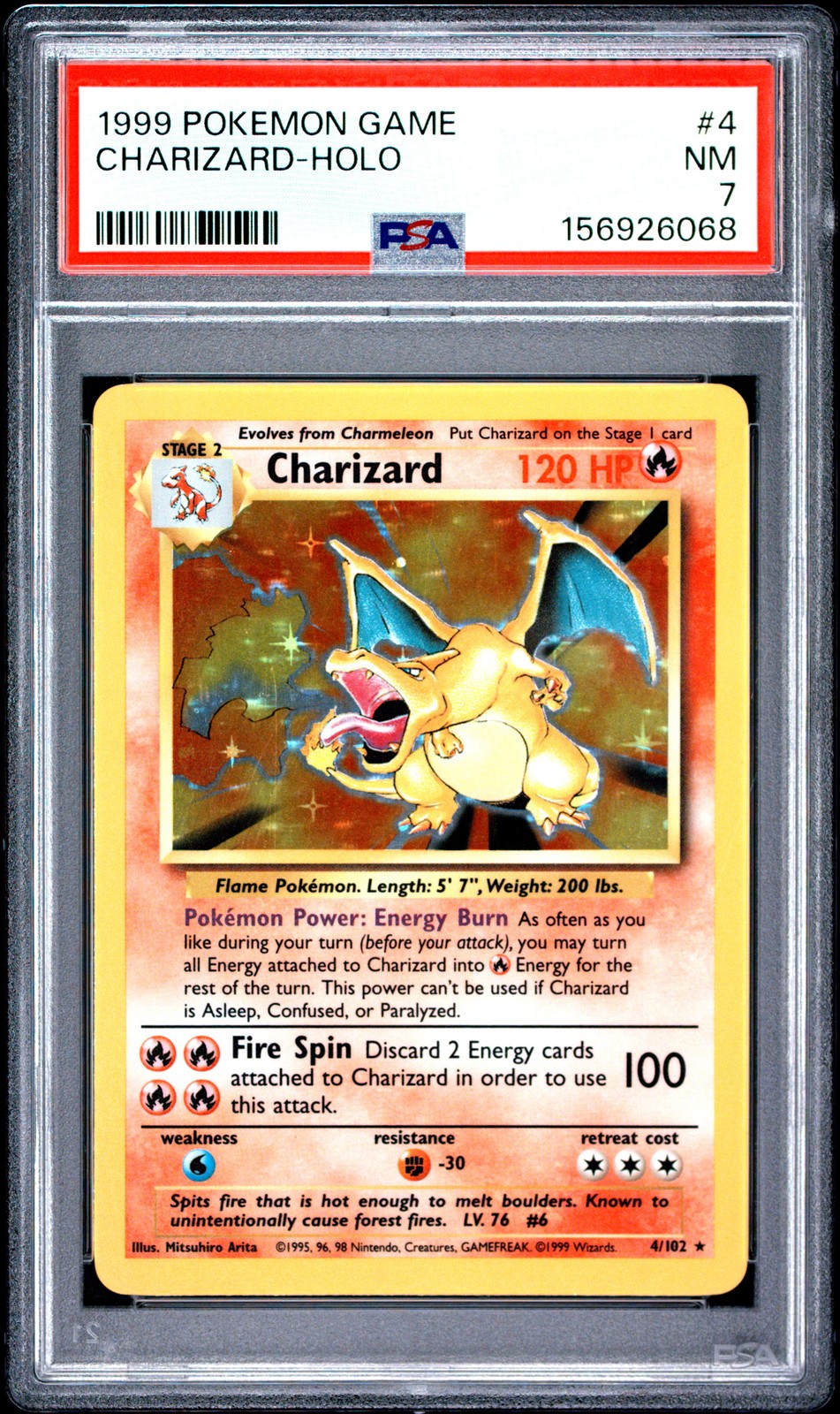 1999 POKEMON BASE SET UNLIMITED #4 CHARIZARD-HOLO PSA 7