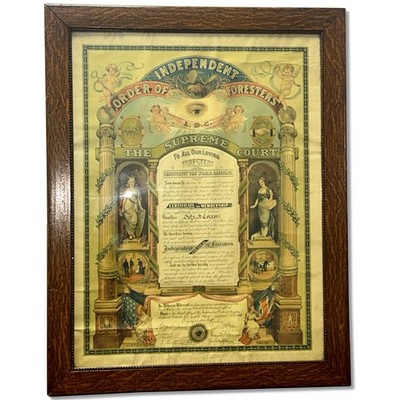 Independent Order of Foresters 1901 Certificate of Membership 26x20 Oak Framed