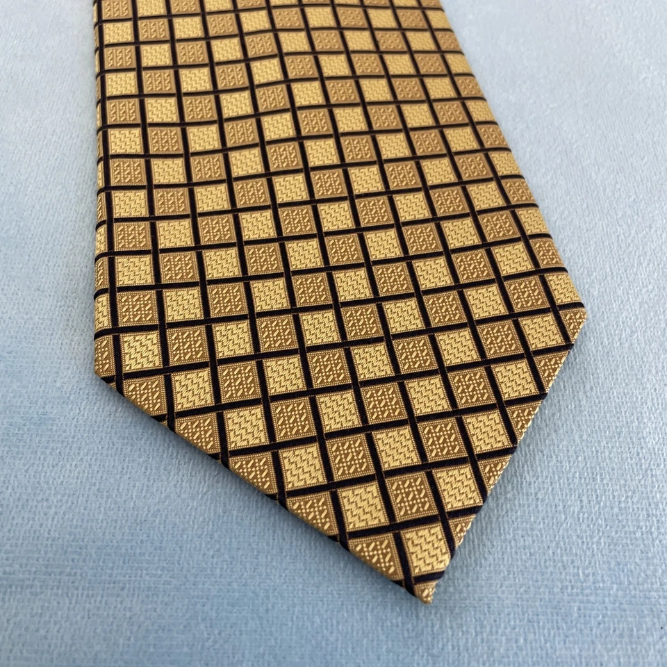 Corbata de seda vintage Valerio Garati hecha a mano dorada negra a cuadros barroca caja Mob 4x60 Foto 4 de 4