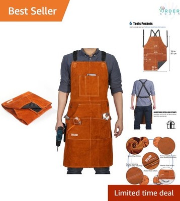 Leather Welding Apron Heavy Duty Flame Resistant 6 Tool Pockets 24x36