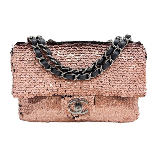 CHANEL 2019 Classic Flap Chanel Sequin Rose Chain Shoulder Bag