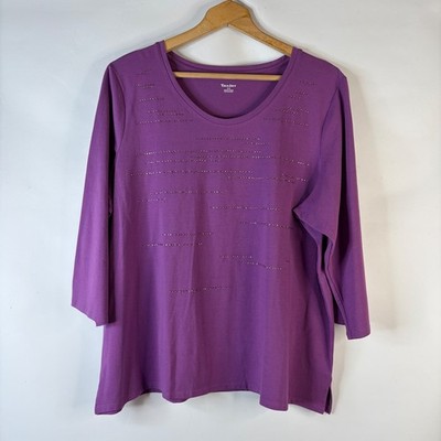 TanJay Knit Top Womens 3X Purple Rhinestone Embellished 3/4 Sleeve Scoop Neck